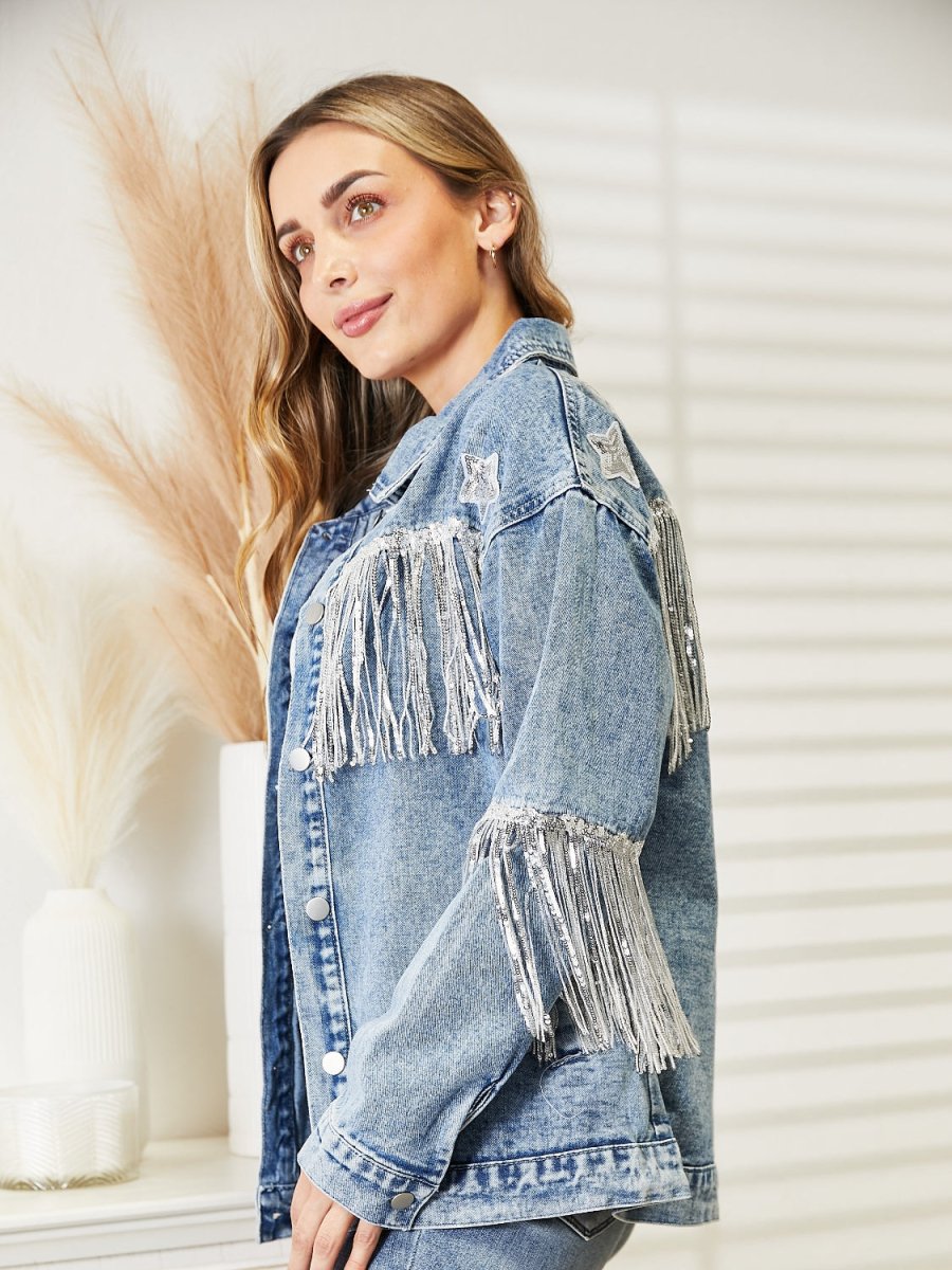 Fringe Detail Long Sleeve Denim Jacket - Outerwear