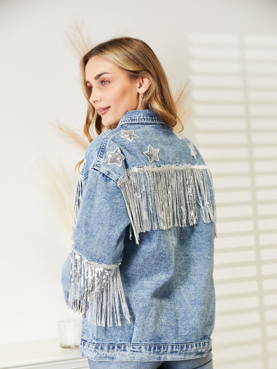 Fringe Detail Long Sleeve Denim Jacket - Outerwear