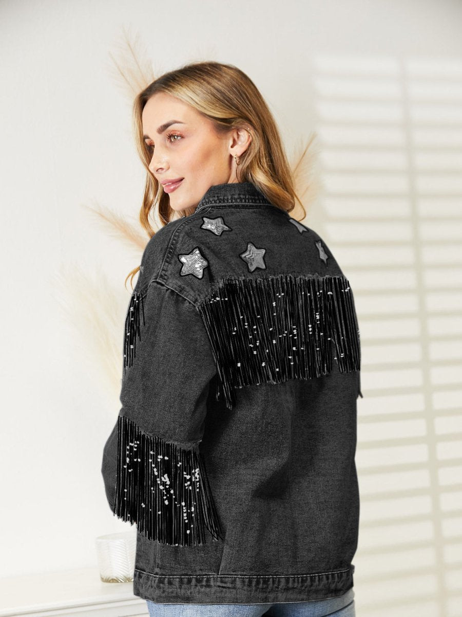Fringe Detail Long Sleeve Denim Jacket - Outerwear