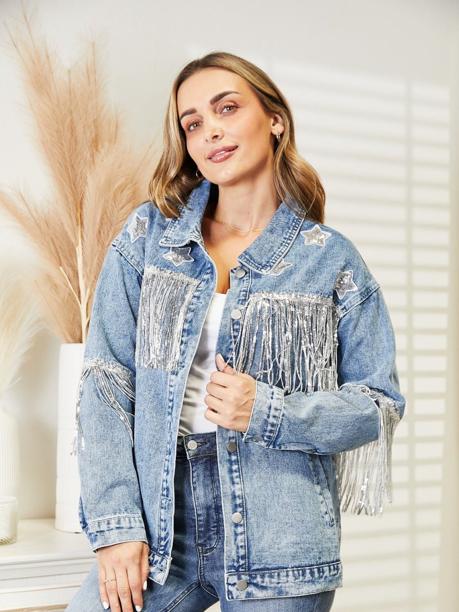 Fringe Detail Long Sleeve Denim Jacket - Outerwear