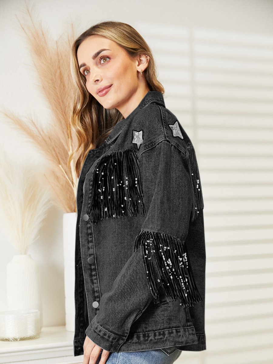 Fringe Detail Long Sleeve Denim Jacket - Outerwear