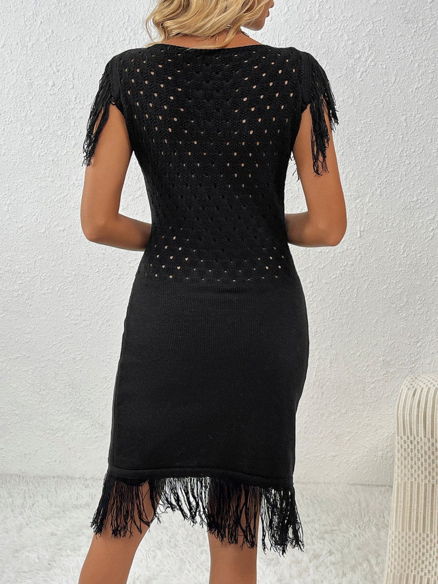 Fringe Openwork Boat Neck Knit Dress - Sweater Dress