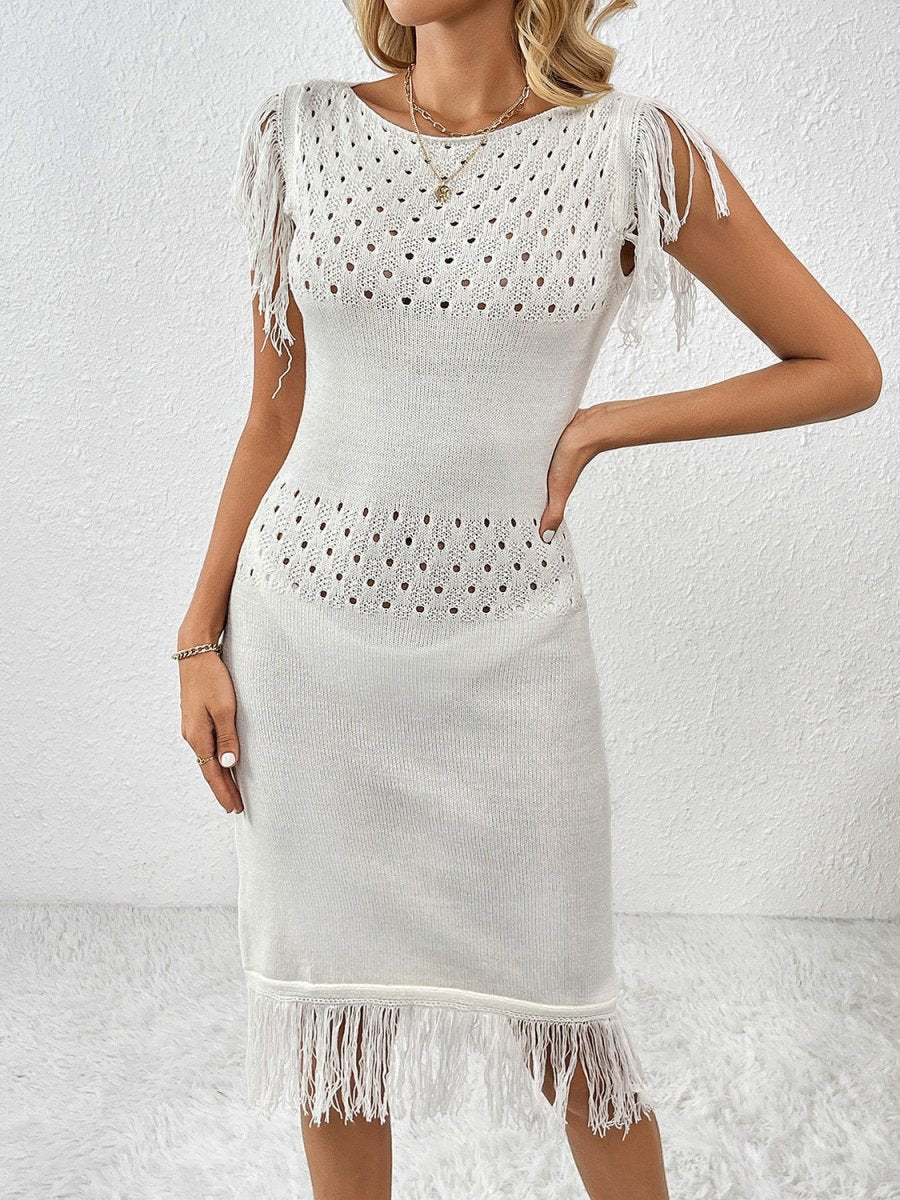 Fringe Openwork Boat Neck Knit Dress - Sweater Dress