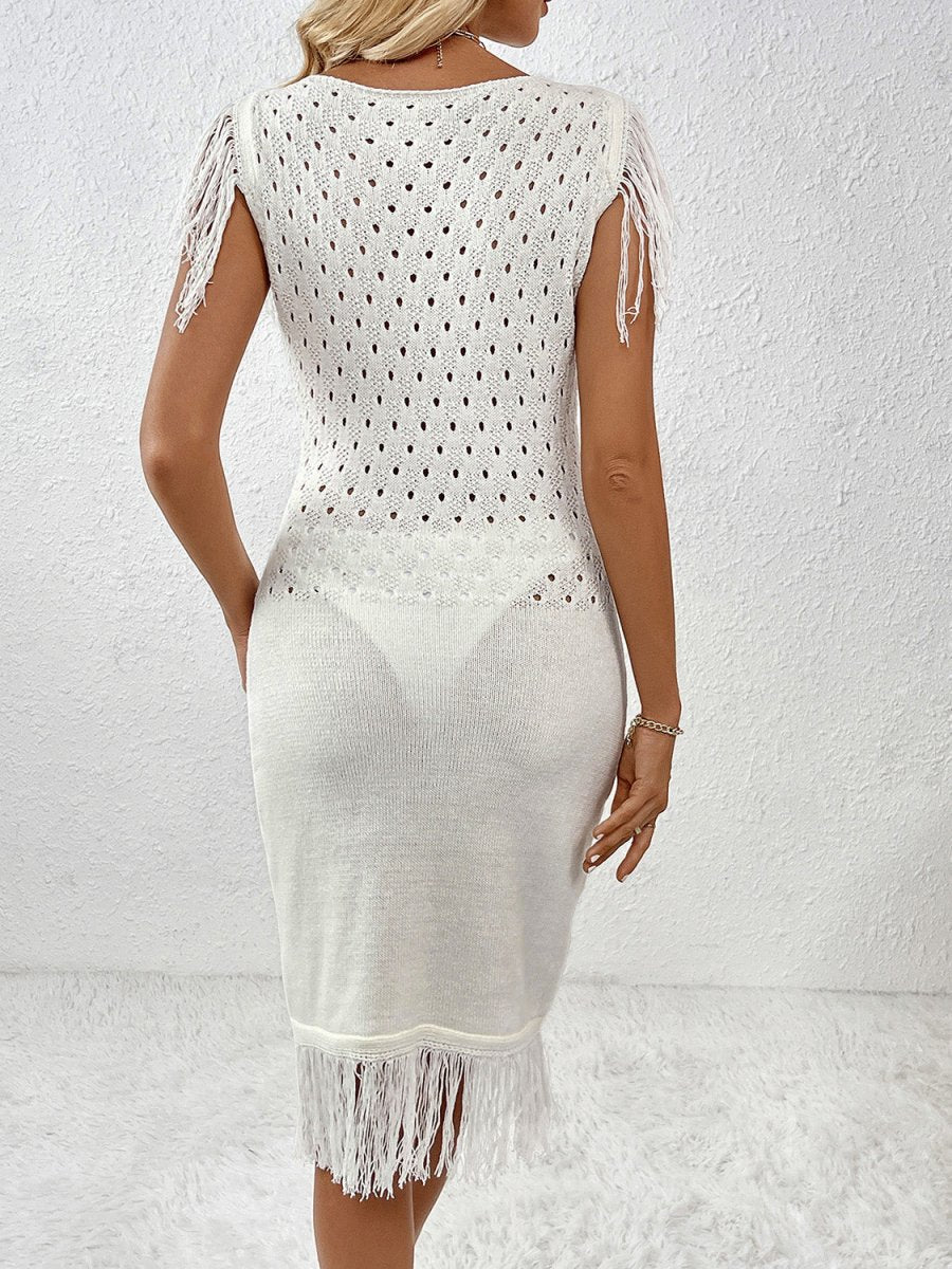 Fringe Openwork Boat Neck Knit Dress - Sweater Dress