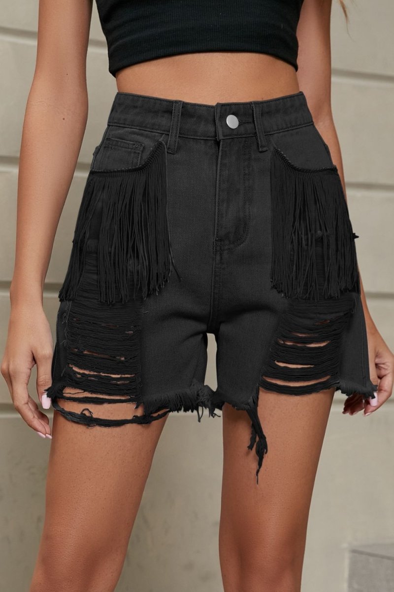 Fringe Trim Distressed Denim Shorts with Pockets - Bottoms