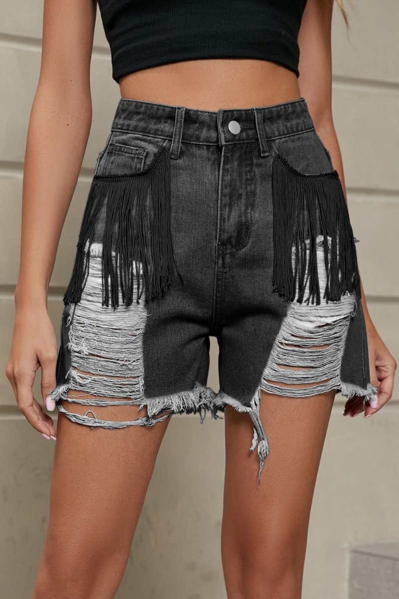 Fringe Trim Distressed Denim Shorts with Pockets - Bottoms