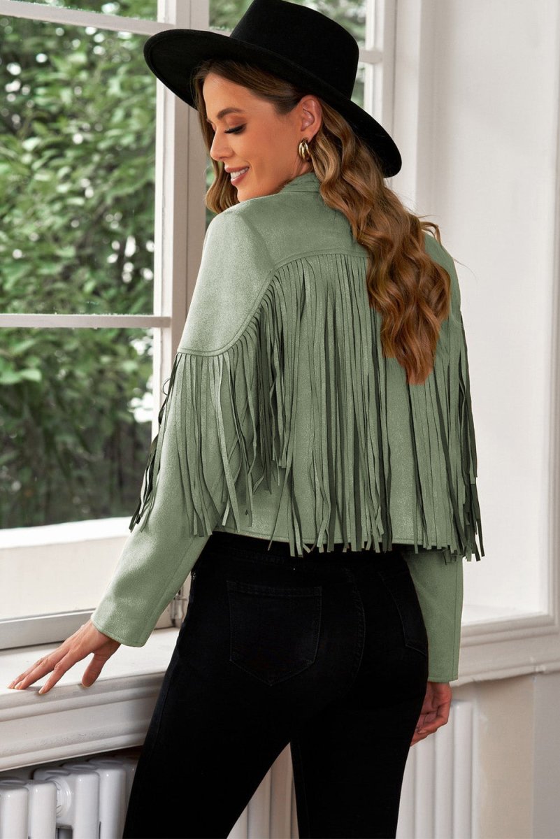 Fringe Trim Lapel Collar Cropped Blazer - Outerwear