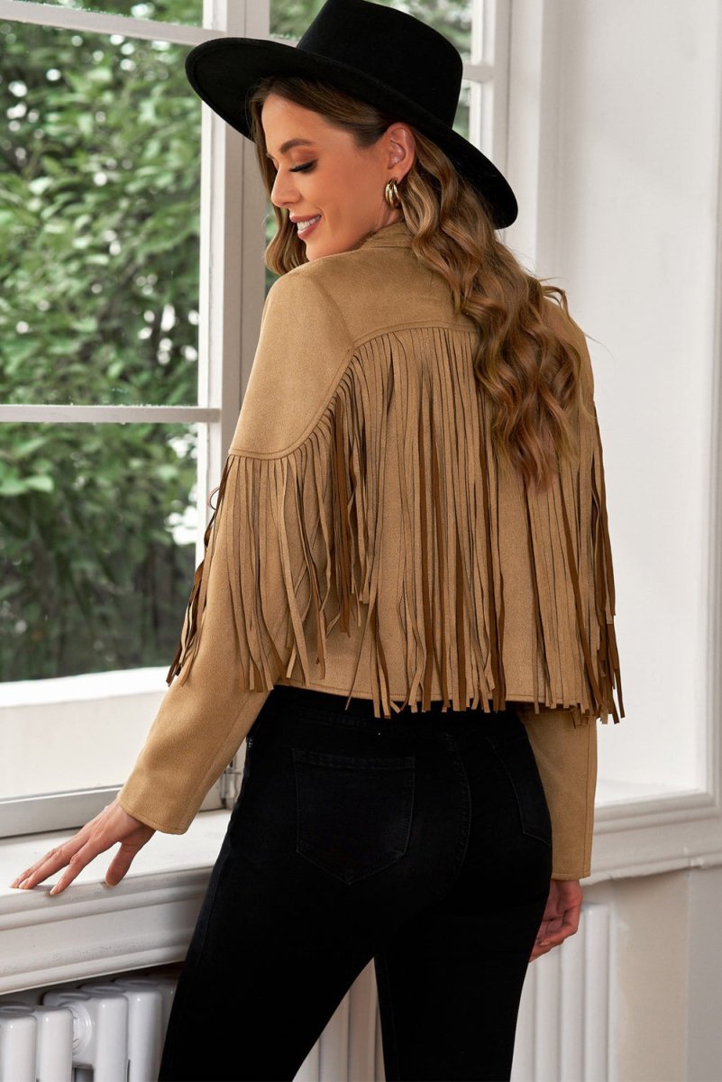 Fringe Trim Lapel Collar Cropped Blazer - Outerwear