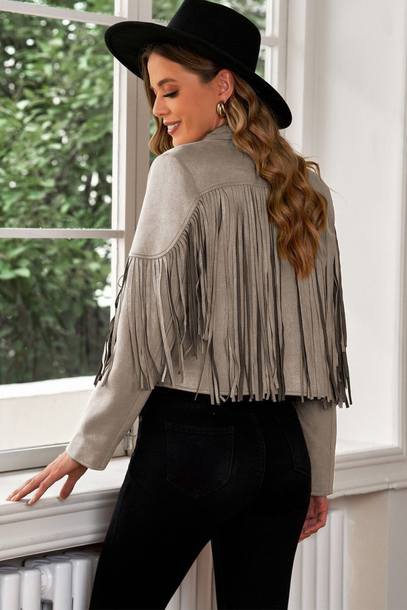 Fringe Trim Lapel Collar Cropped Blazer - Outerwear