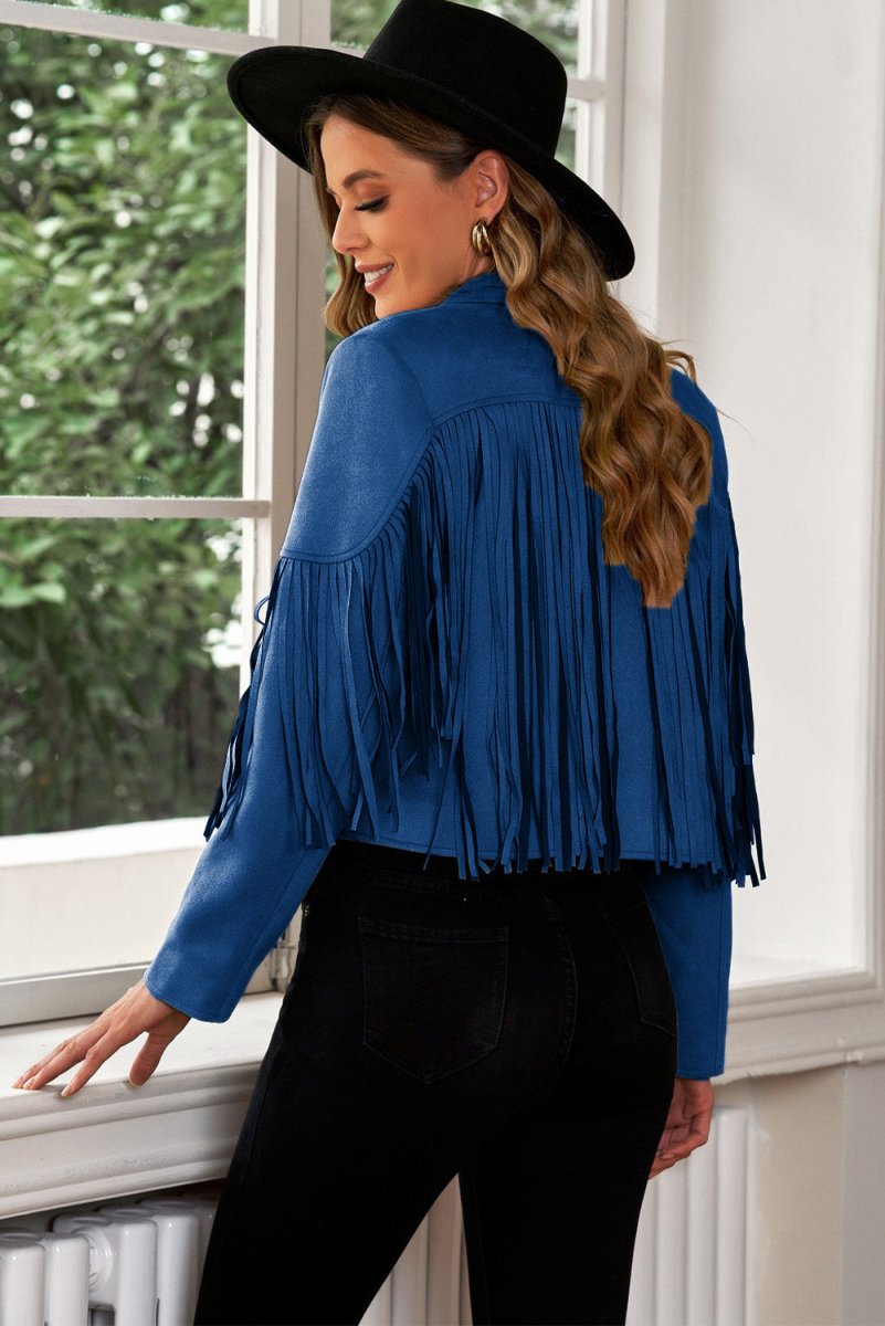 Fringe Trim Lapel Collar Cropped Blazer - Outerwear