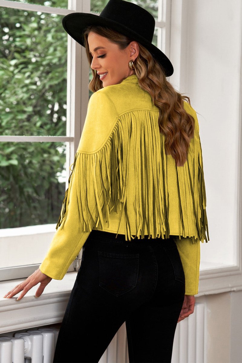 Fringe Trim Lapel Collar Cropped Blazer - Outerwear