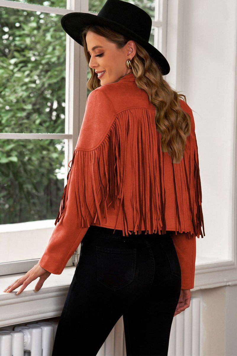 Fringe Trim Lapel Collar Cropped Blazer - Outerwear