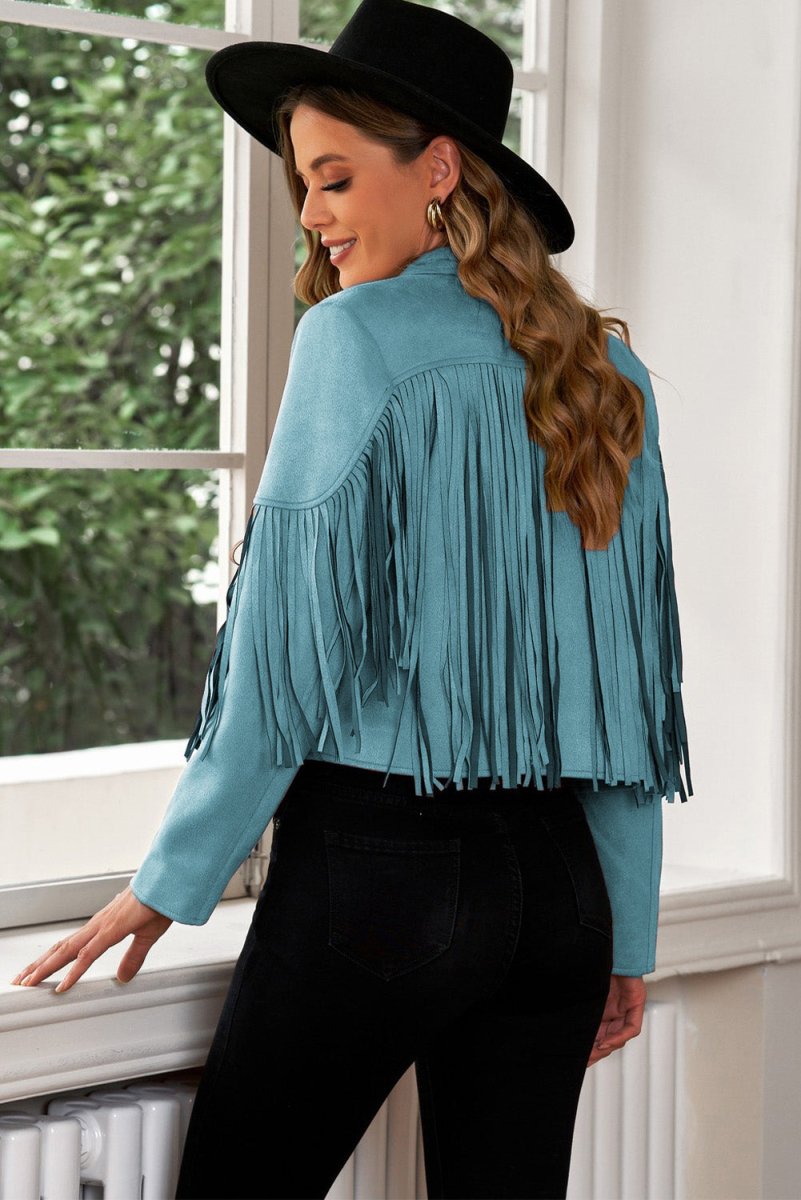 Fringe Trim Lapel Collar Cropped Blazer - Outerwear