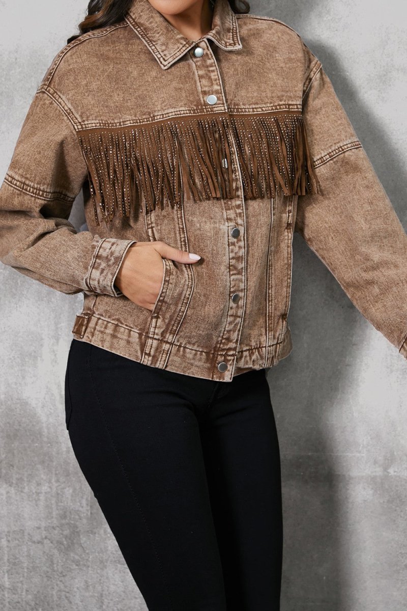 Fringe Trim Snap Down Denim Jacket - Outerwear