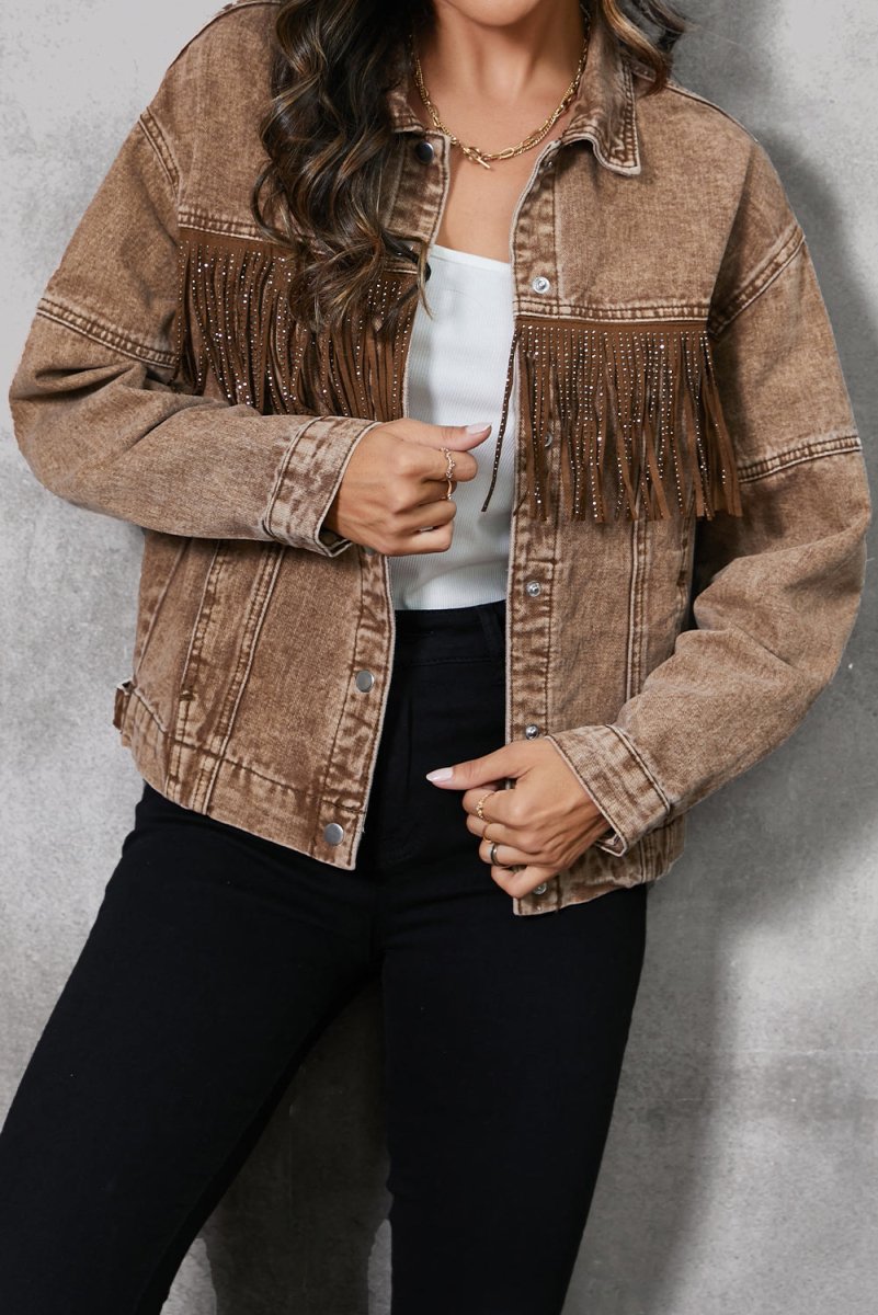 Fringe Trim Snap Down Denim Jacket - Outerwear