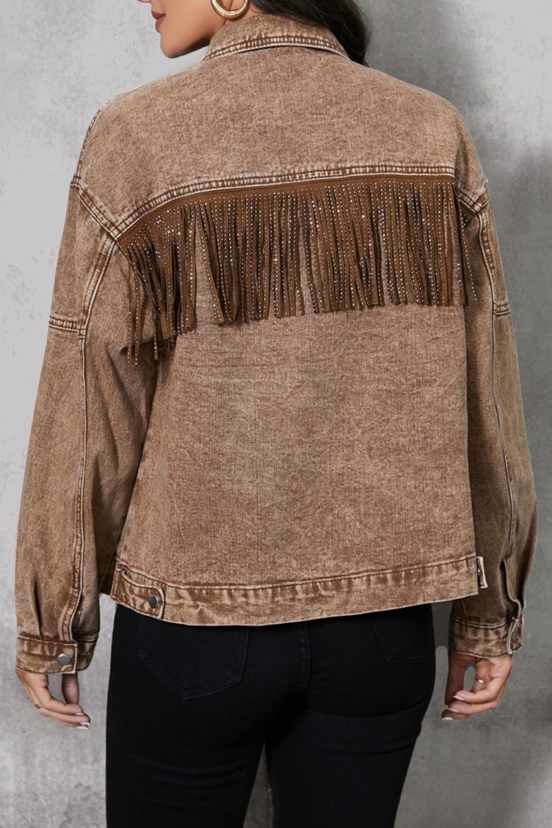 Fringe Trim Snap Down Denim Jacket - Outerwear