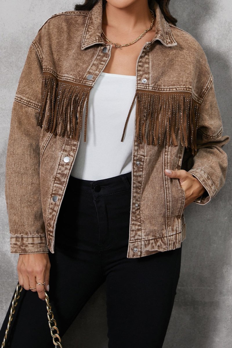 Fringe Trim Snap Down Denim Jacket - Outerwear