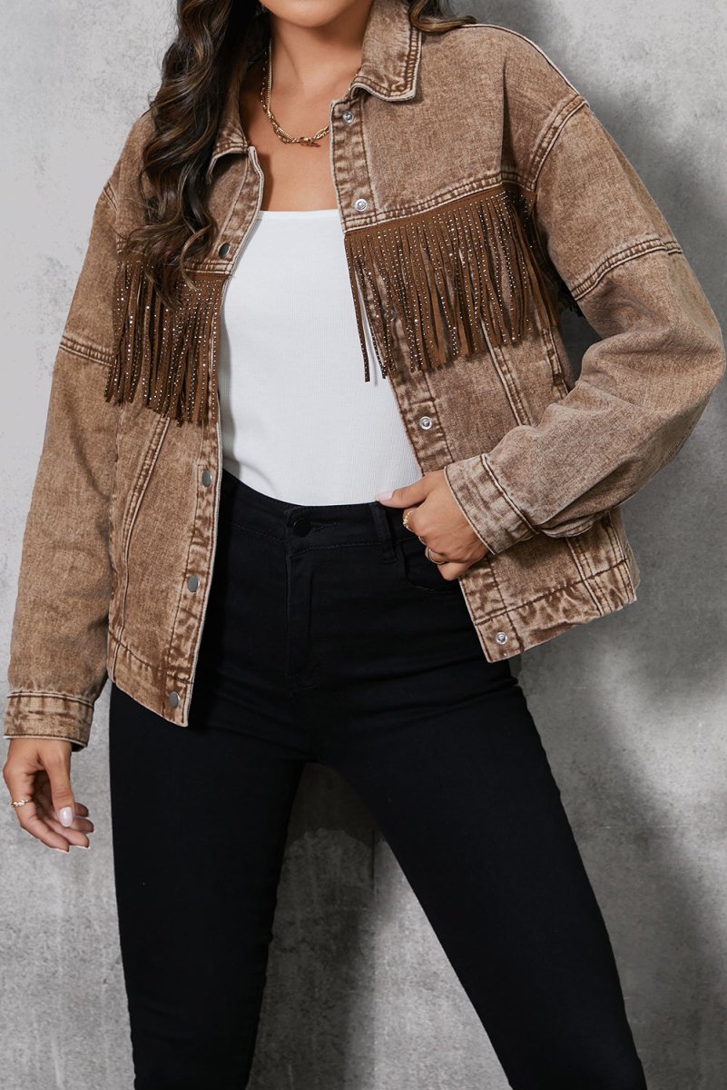 Fringe Trim Snap Down Denim Jacket - Outerwear