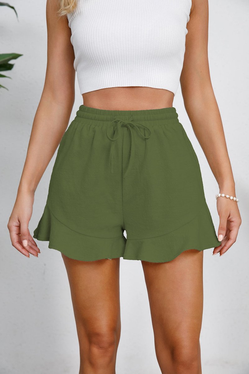 Full Size Drawstring Ruffle Hem Shorts - Bottoms