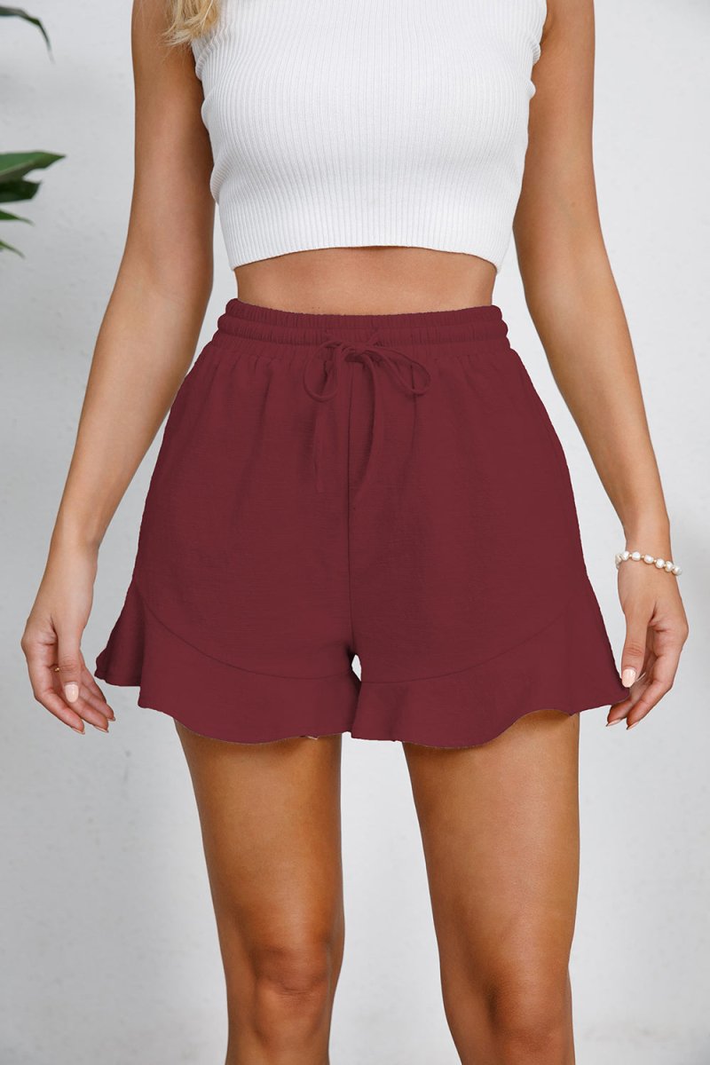 Full Size Drawstring Ruffle Hem Shorts - Bottoms