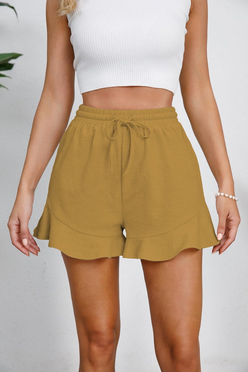 Full Size Drawstring Ruffle Hem Shorts - Bottoms