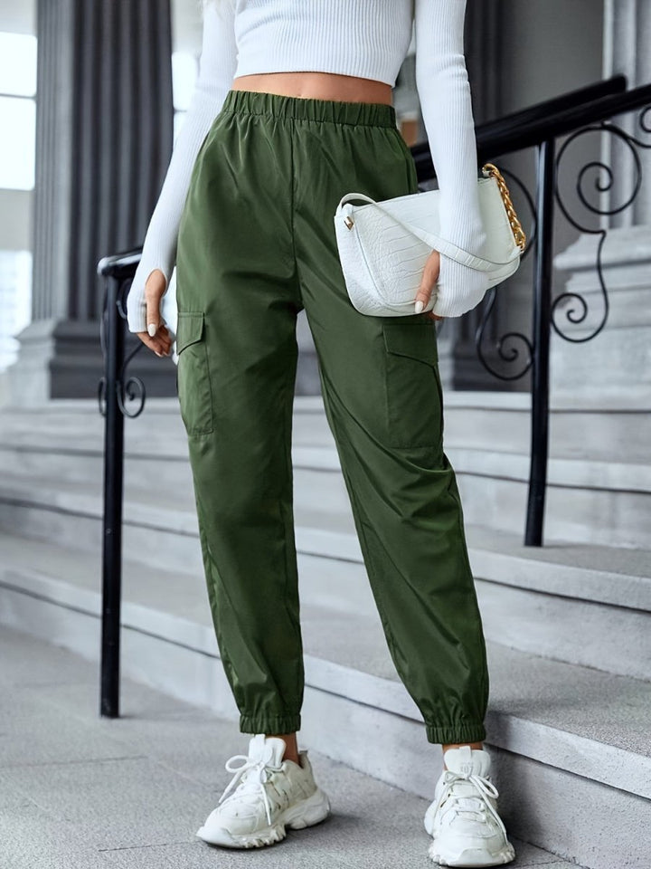 Full Size Elastic Waist Pants with Pockets - Bottoms
