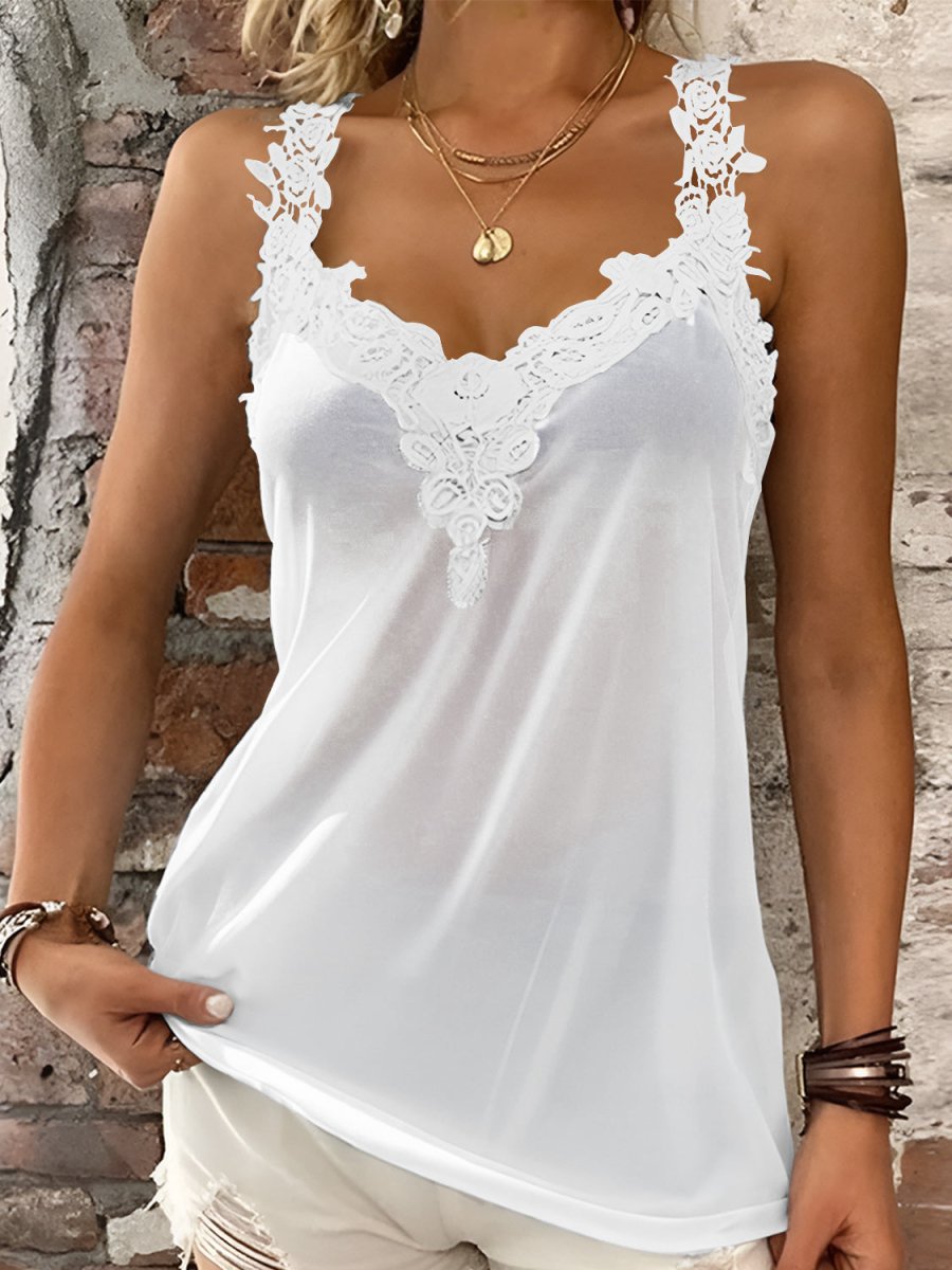 Full Size Lace Detail V - Neck Tank - Top