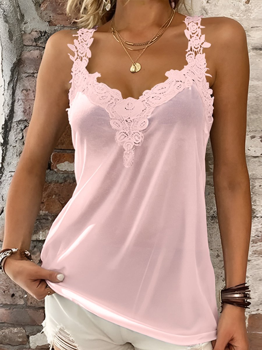 Full Size Lace Detail V - Neck Tank - Top