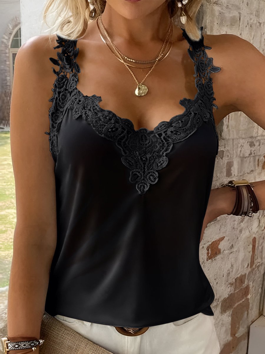 Full Size Lace Detail V - Neck Tank - Top