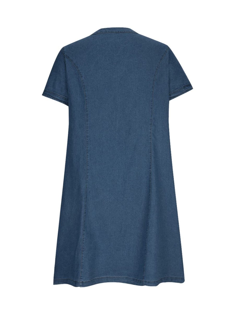 Full Size Notched Short Sleeve Denim Dress - Denim Dress