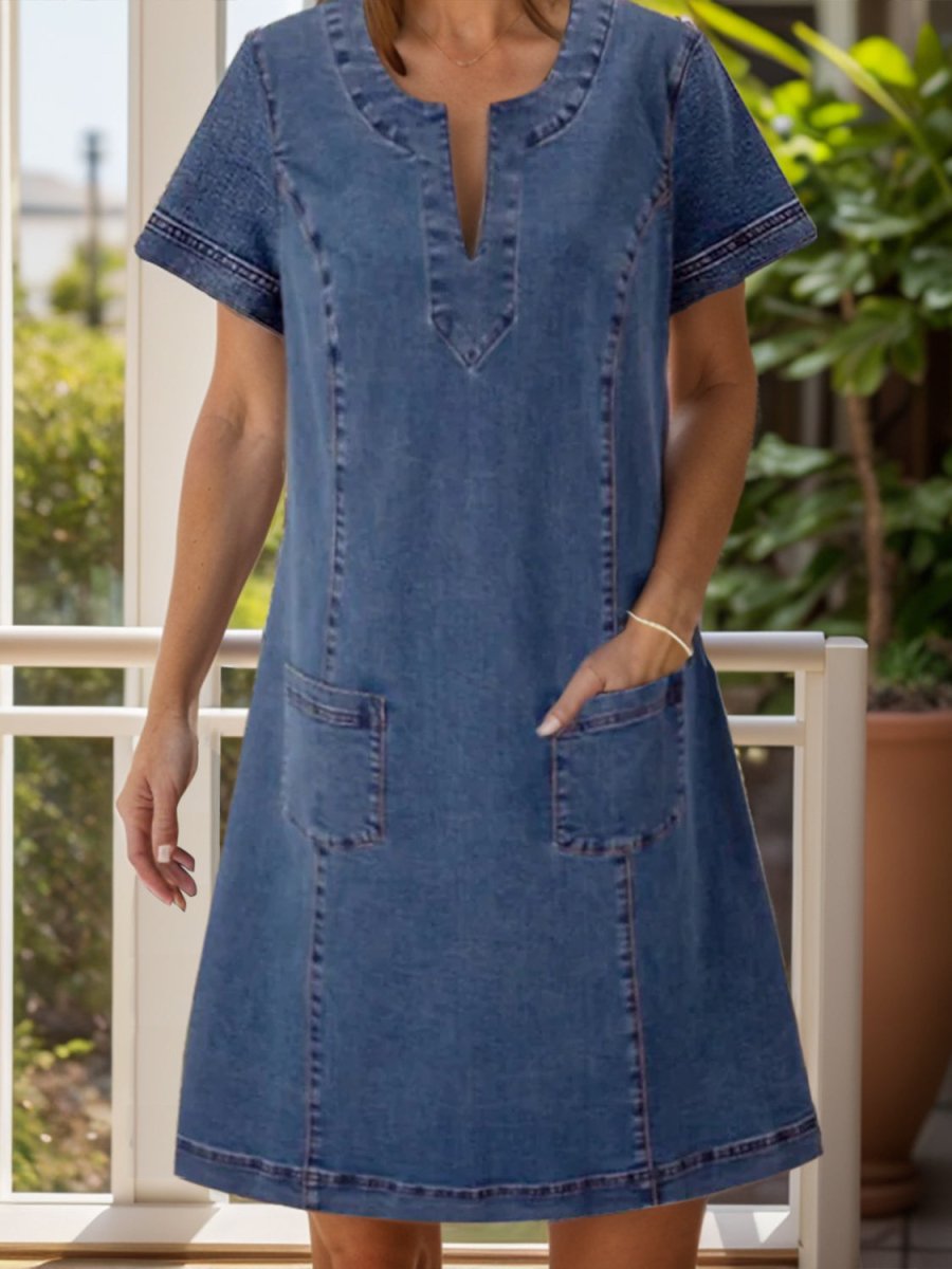 Full Size Notched Short Sleeve Denim Dress - Denim Dress