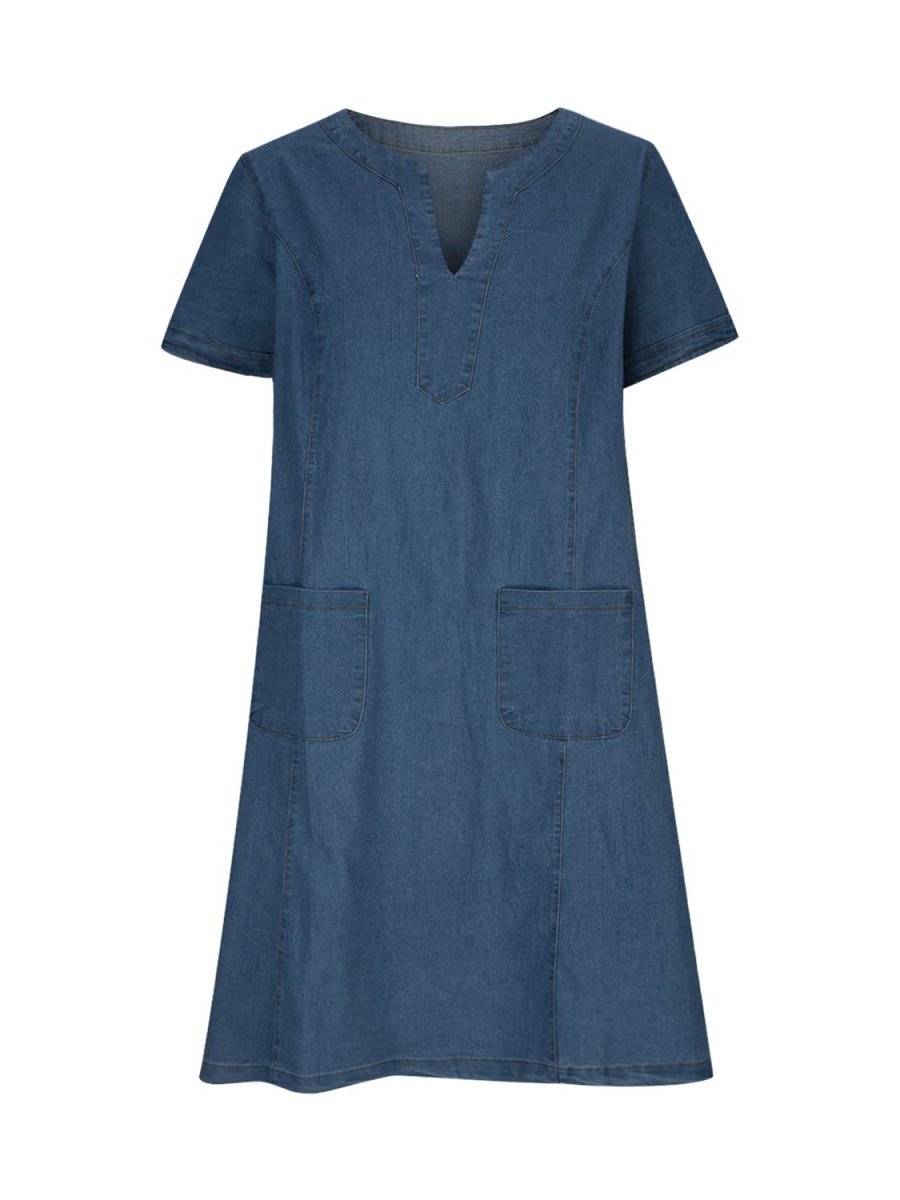 Full Size Notched Short Sleeve Denim Dress - Denim Dress