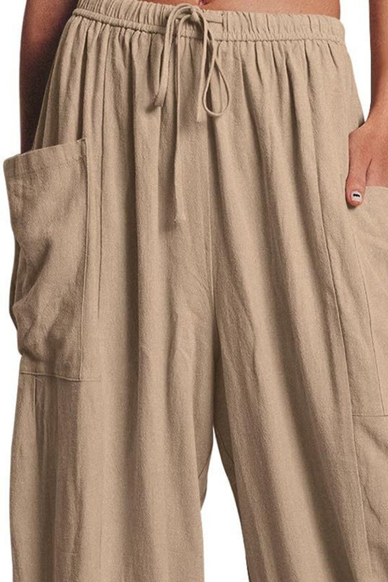 Full Size Pocketed Drawstring Wide Leg Pants - Bottoms
