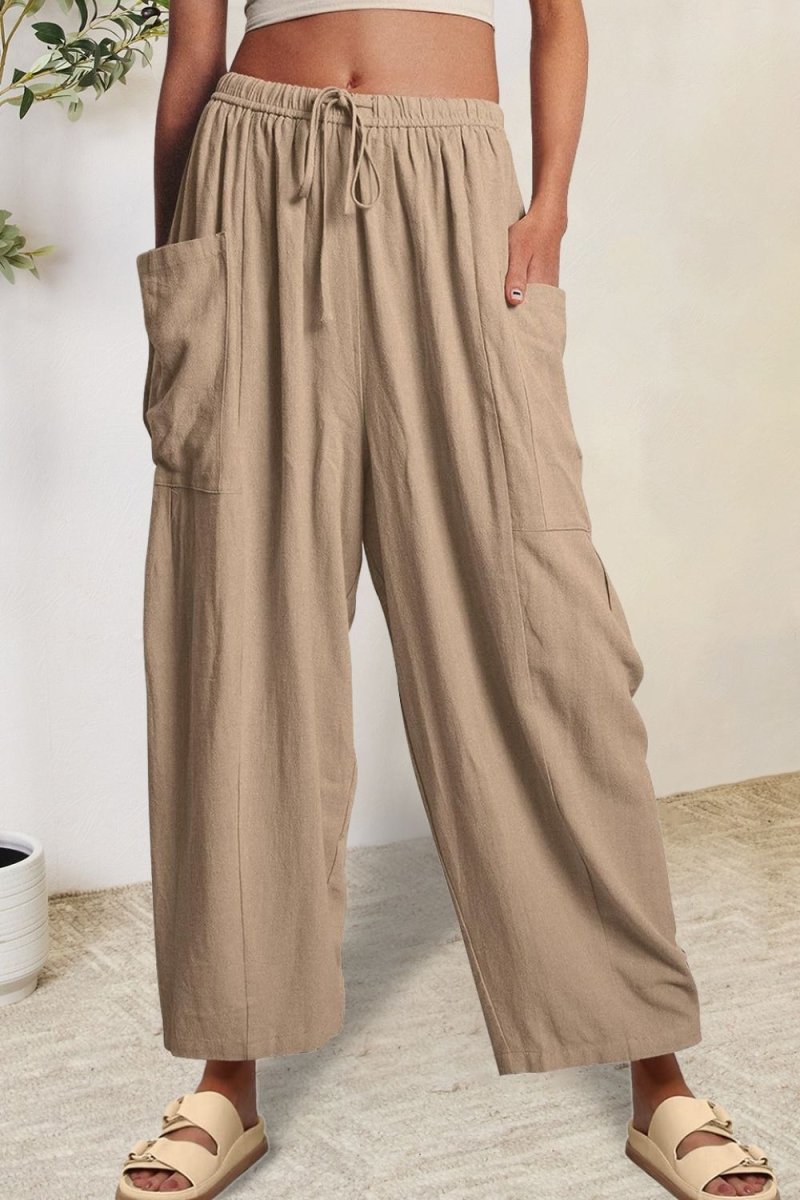 Full Size Pocketed Drawstring Wide Leg Pants - Bottoms