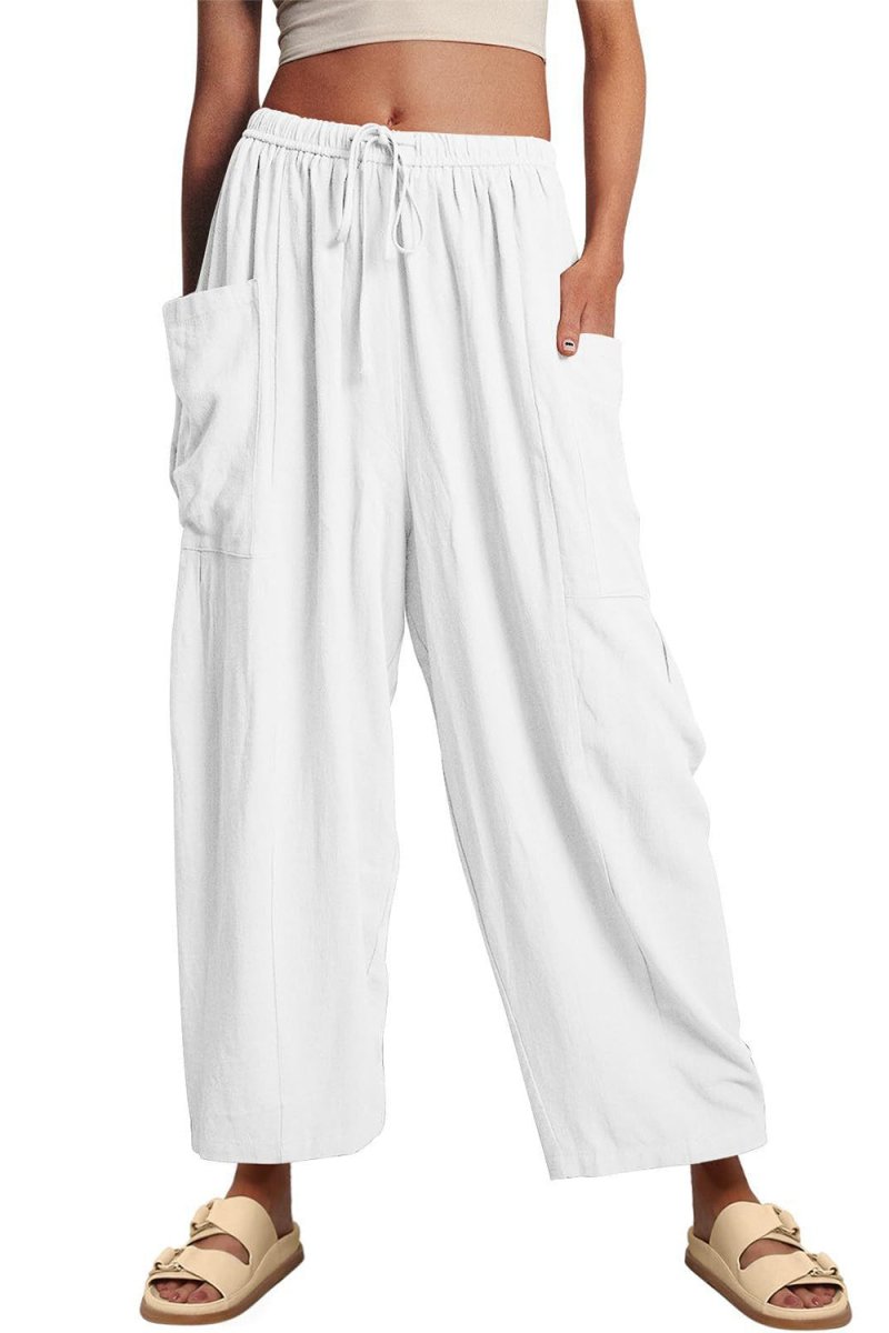 Full Size Pocketed Drawstring Wide Leg Pants - Bottoms