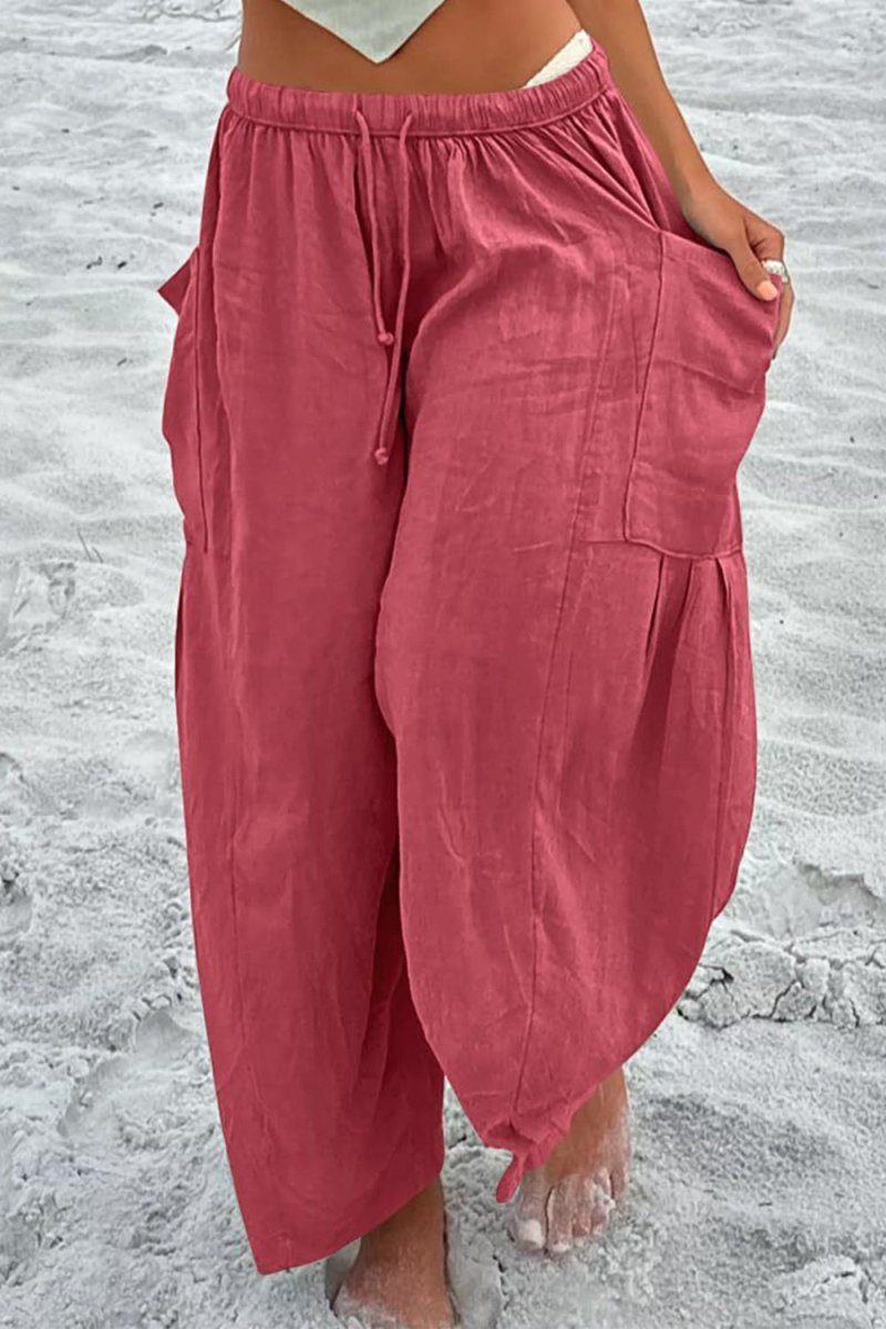 Full Size Pocketed Drawstring Wide Leg Pants - Bottoms