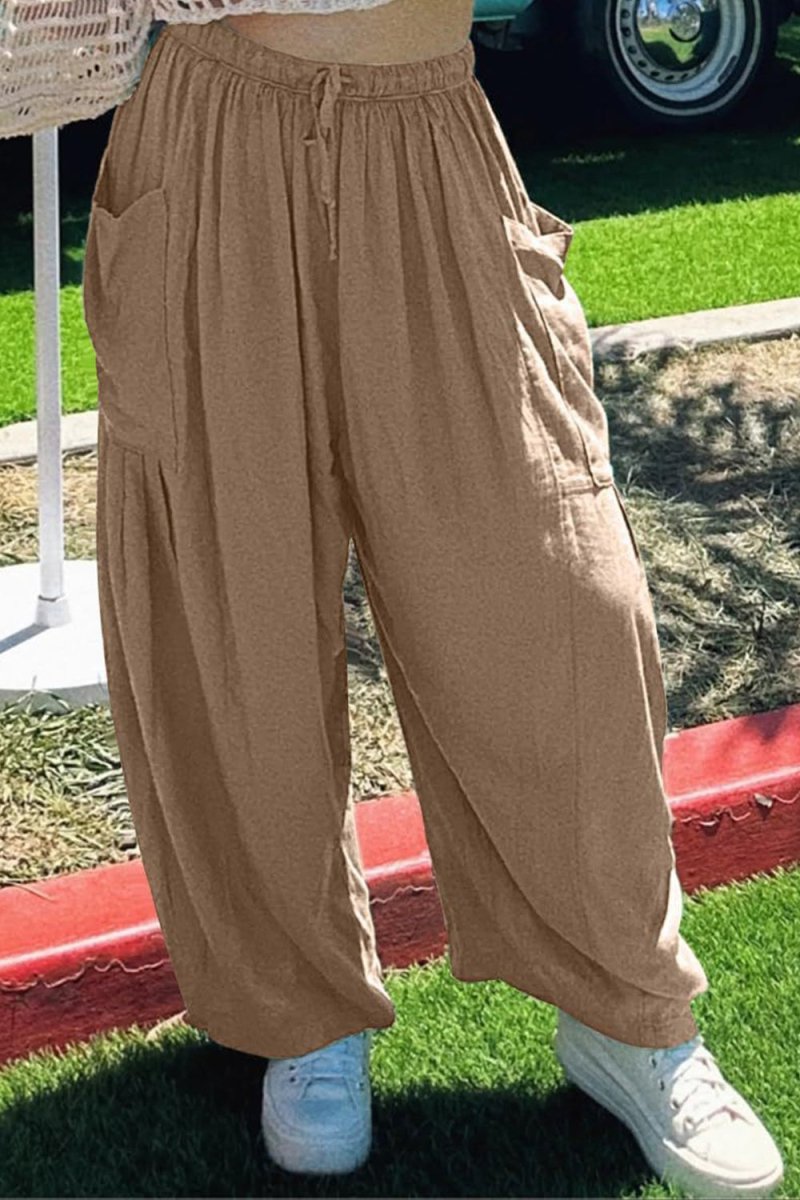 Full Size Pocketed Drawstring Wide Leg Pants - Bottoms