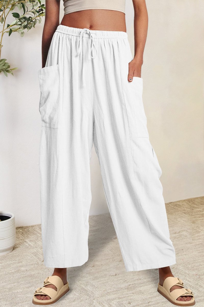 Full Size Pocketed Drawstring Wide Leg Pants - Bottoms