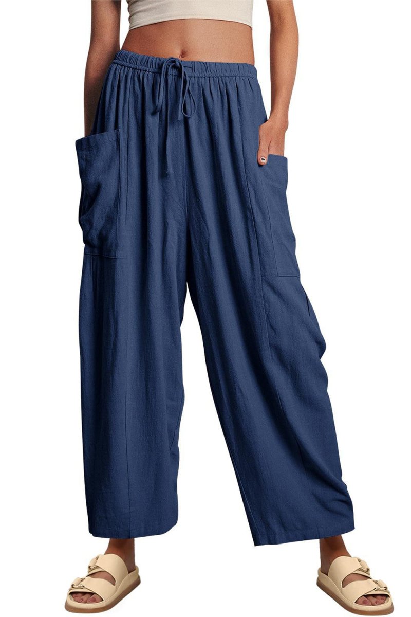Full Size Pocketed Drawstring Wide Leg Pants - Bottoms