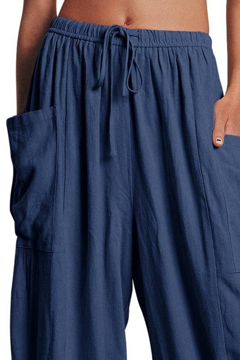 Full Size Pocketed Drawstring Wide Leg Pants - Bottoms