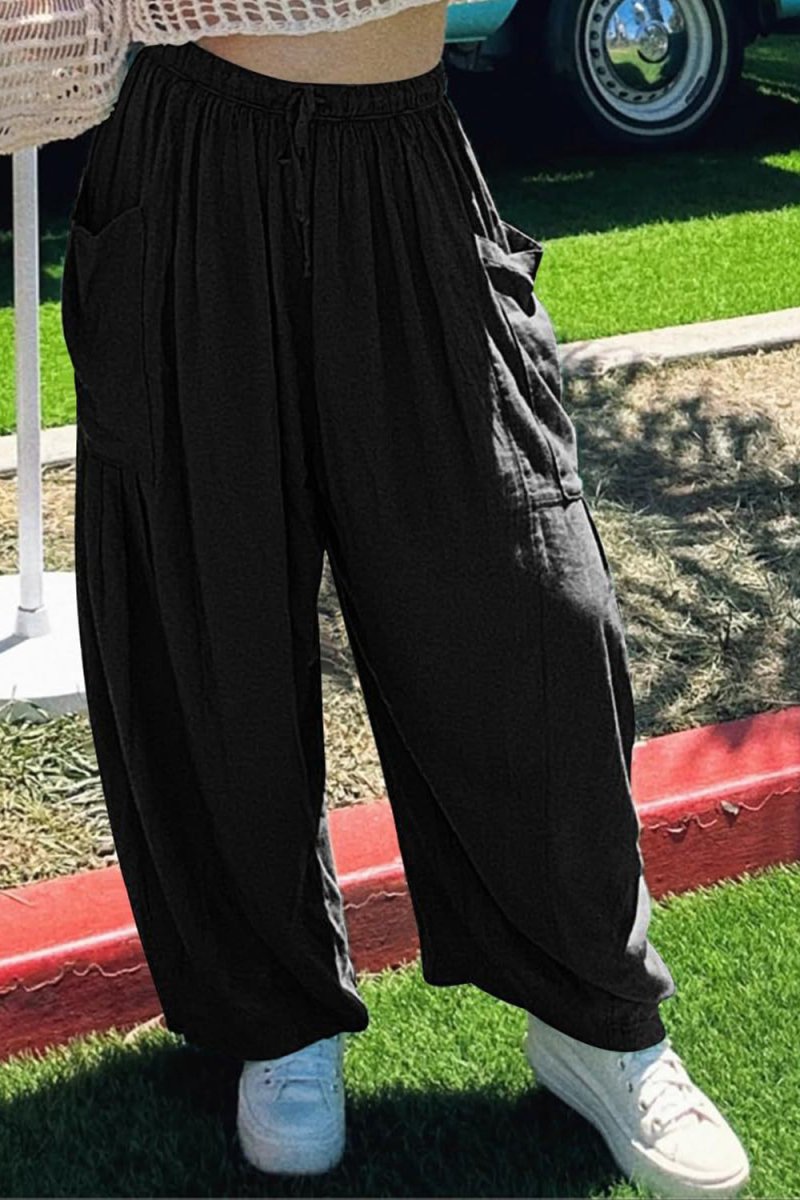 Full Size Pocketed Drawstring Wide Leg Pants - Bottoms