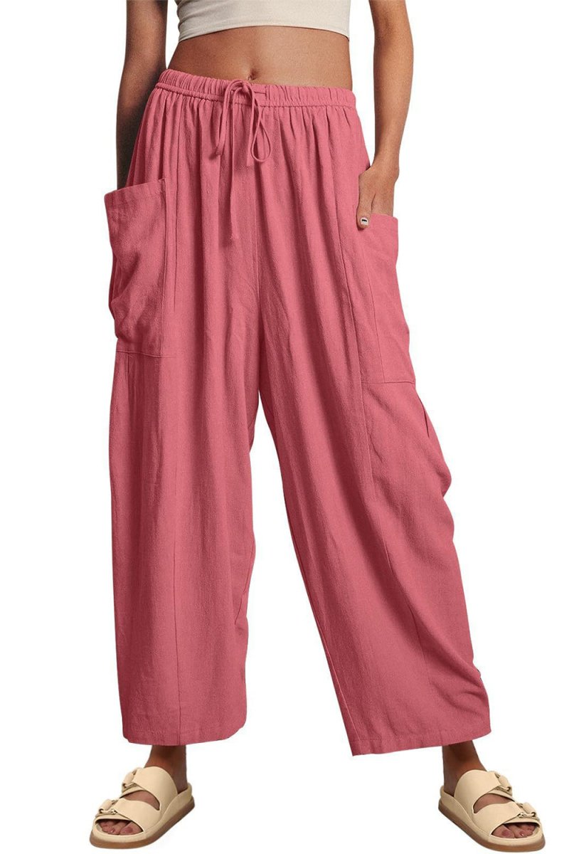 Full Size Pocketed Drawstring Wide Leg Pants - Bottoms