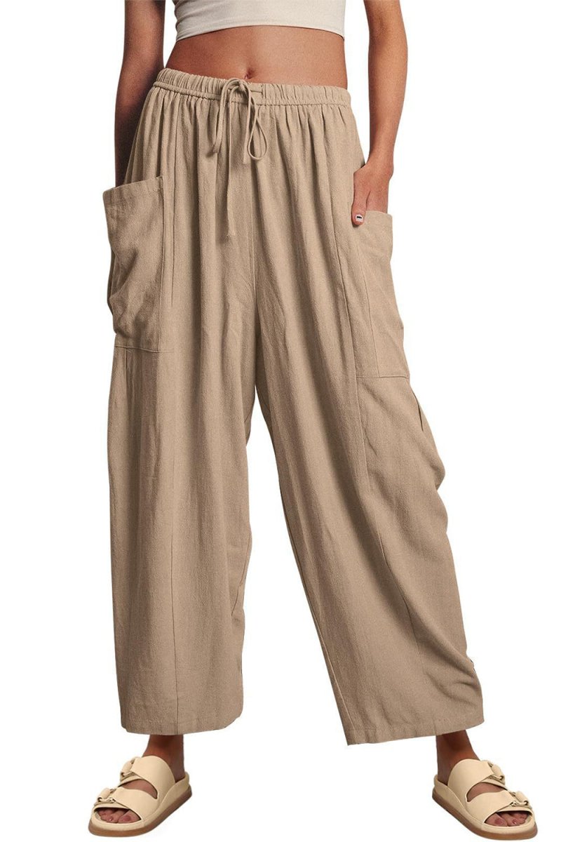Full Size Pocketed Drawstring Wide Leg Pants - Bottoms