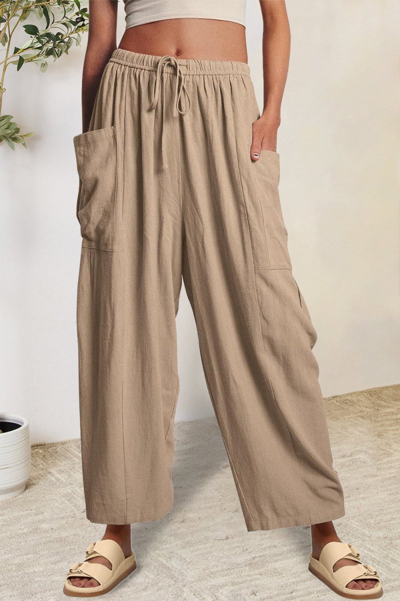 Full Size Pocketed Drawstring Wide Leg Pants - Bottoms