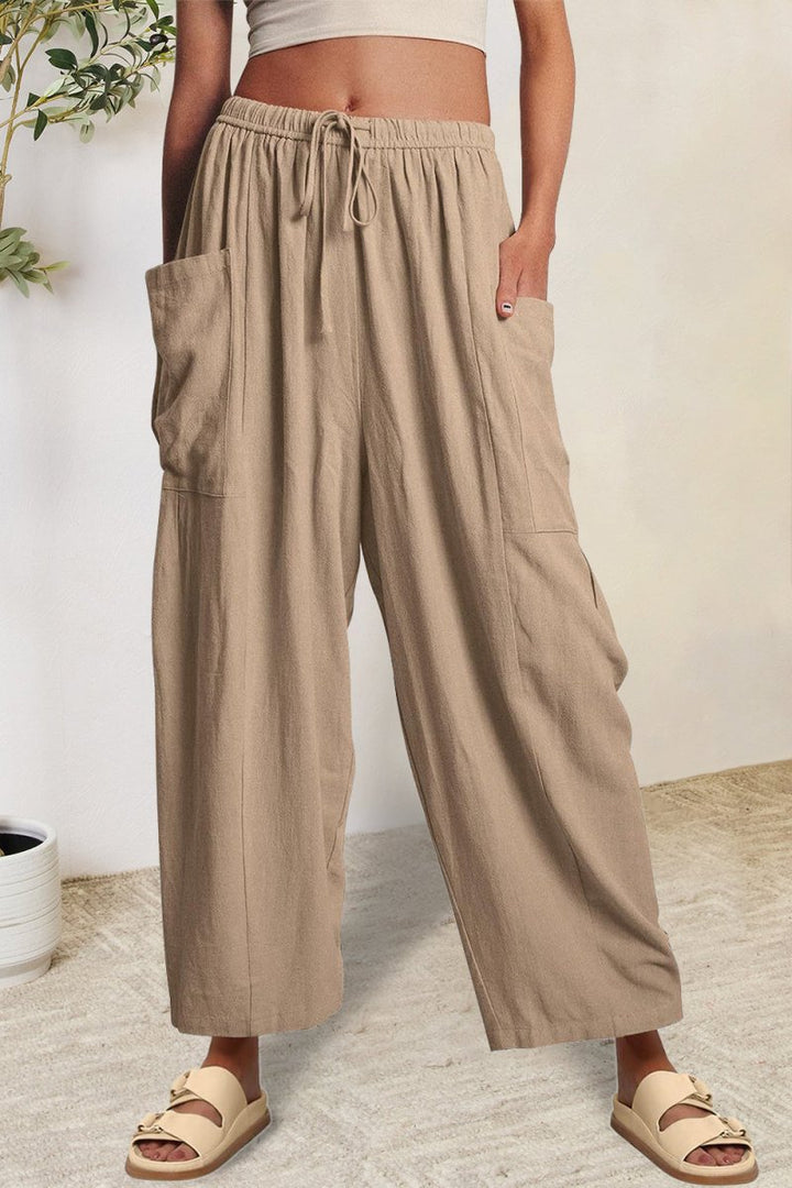 Full Size Pocketed Drawstring Wide Leg Pants - Bottoms