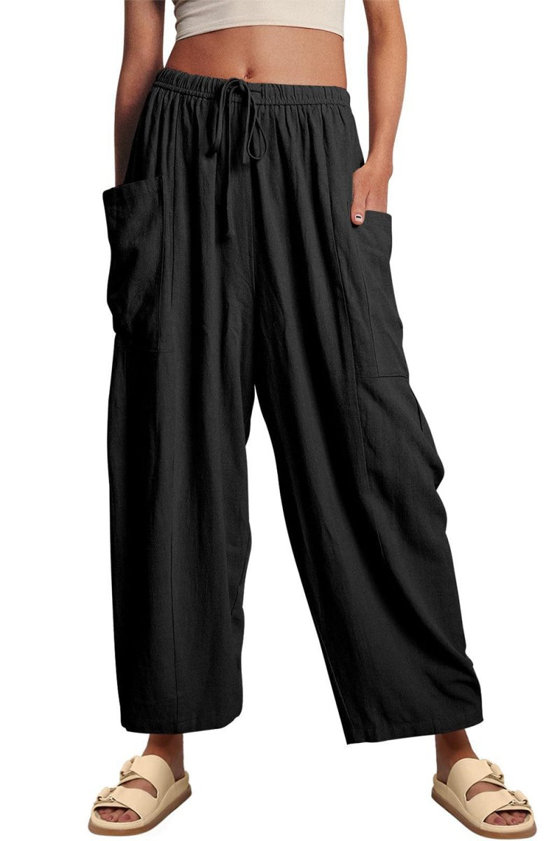 Full Size Pocketed Drawstring Wide Leg Pants - Bottoms