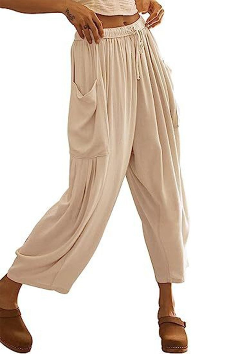 Full Size Pocketed Drawstring Wide Leg Pants - Bottoms