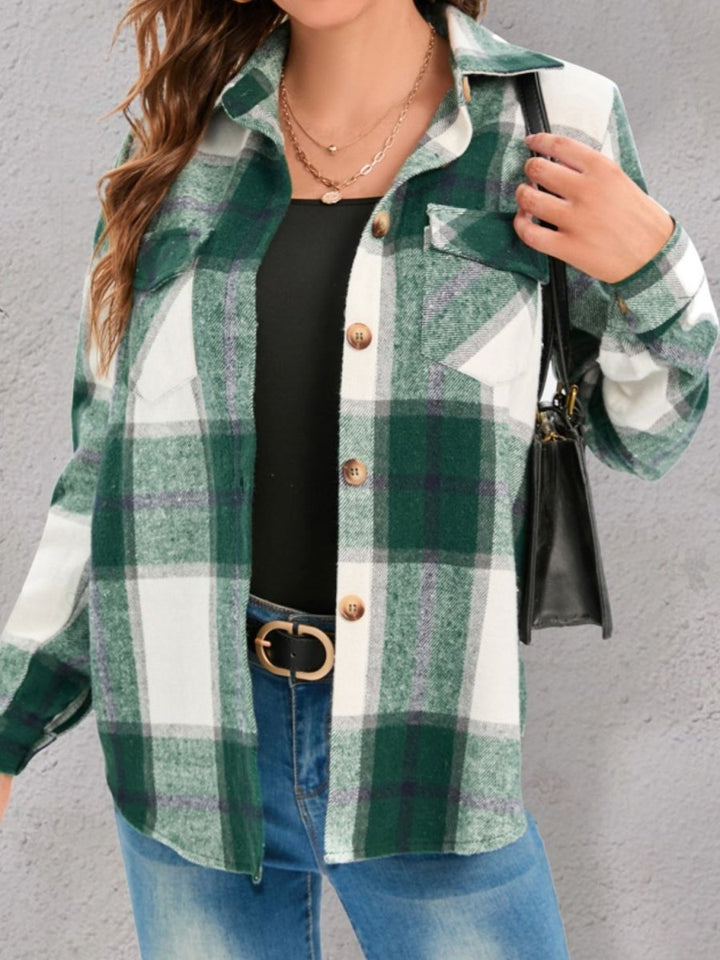 Full Size Pocketed Plaid Collared Neck Shacket - Outerwear