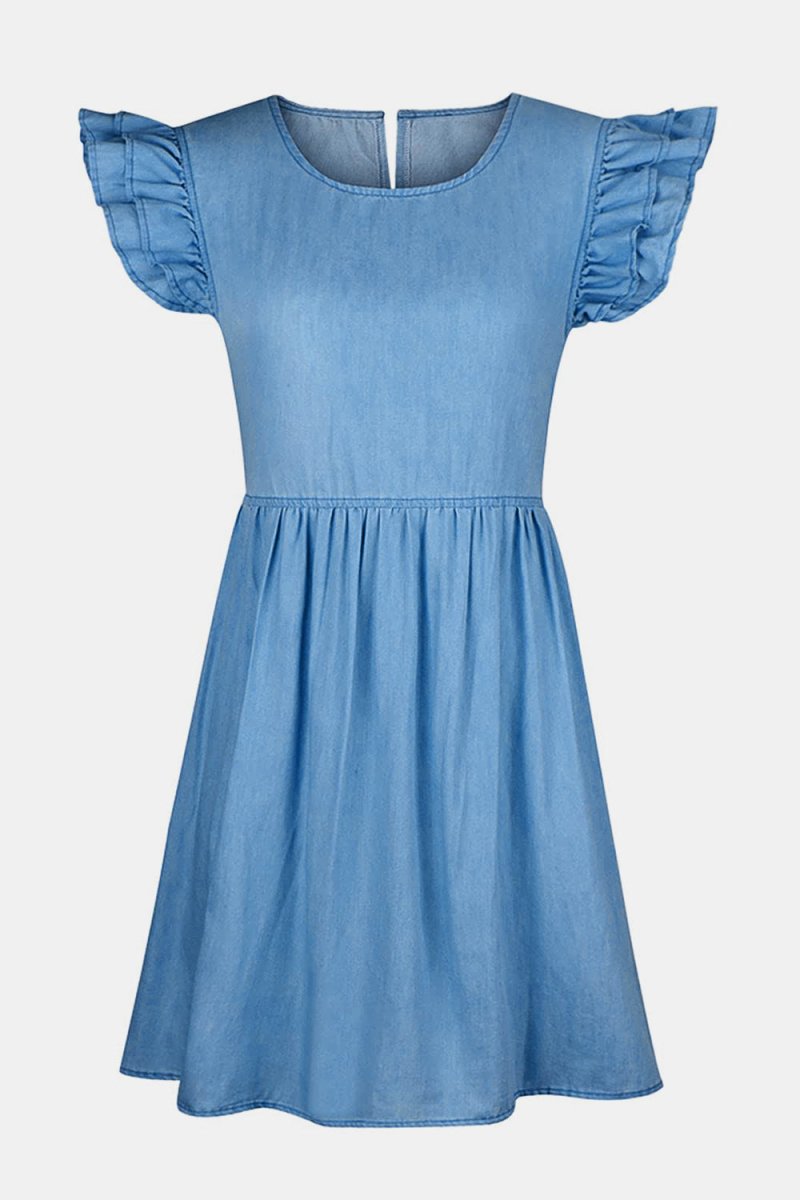Full Size Ruffled Round Neck Cap Sleeve Denim Dress - Denim Dress