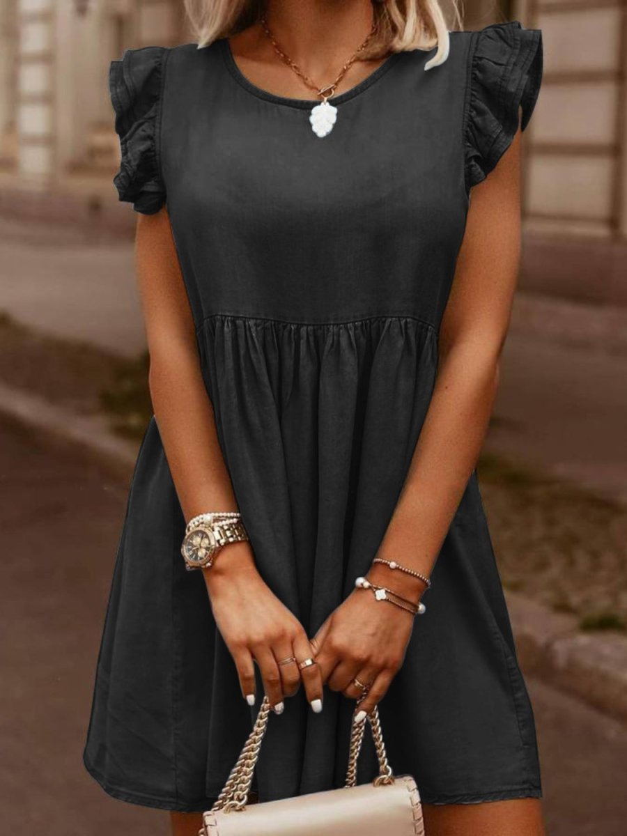 Full Size Ruffled Round Neck Cap Sleeve Denim Dress - Denim Dress